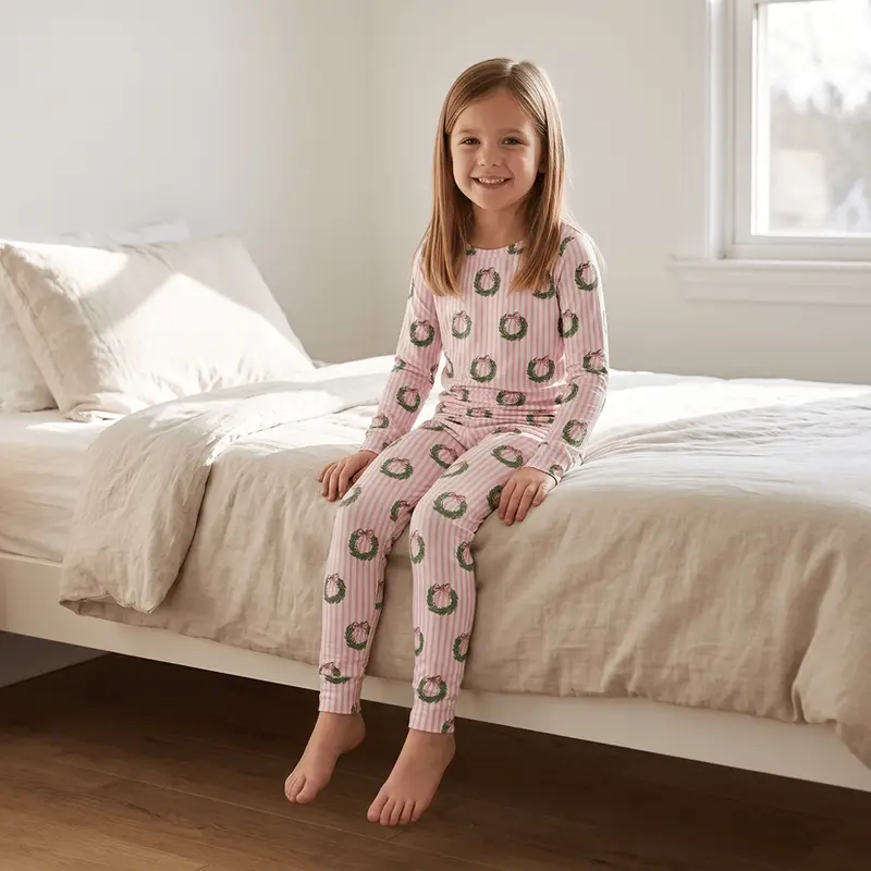 Sweet Bamboo Sweet Bamboo Holiday Wreath Stripe Pajama Set
