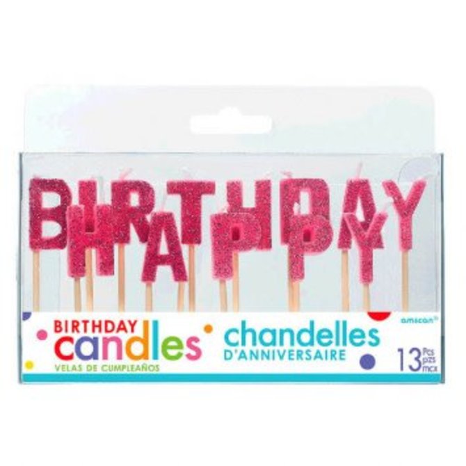 Happy Birthday Glitter Pick Candles - Pink, 13ct