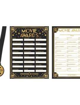 Movie Awards Ballot Game          Contains: 1 Plastic Scoring Sheet, 40" x 30" 24 Paper Ballots, 8 1/2" x 11" 1 Winner Ribbon Necklace, 30" 24 in a package