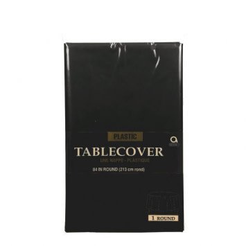 Jet Black Round Plastic Table Cover, 84"