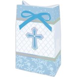 Sweet Christening Blue Paper Favor Bags w/Ribbon    12ct