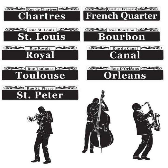 Mardi Gras Bourbon Street Cutouts   Contains: 9 Street Signs, 24" 3 Musicians, 17 1/2", 15 3/4", 15 5/8" 12 in a package