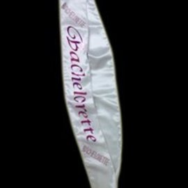 White Satin Bachelorette Sash with Pink Stones