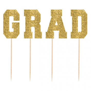 Tall Glitter Gold "G-R-A-D" Picks, 4ct