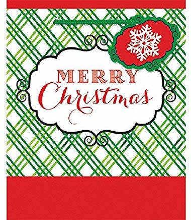 Festive Christmas Red and White Criss-Cross Small Vertical Gift Bag Party Supply, Paper , 5" x 4" x 2"