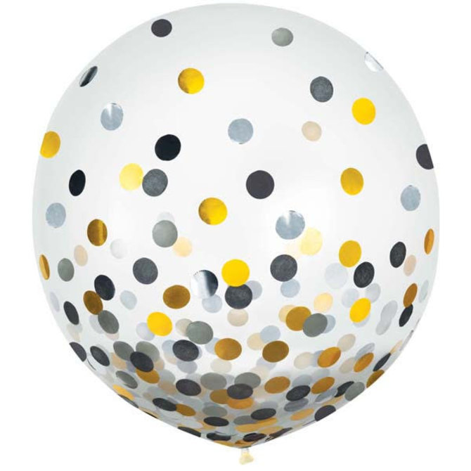 24" Round Latex Balloons w/ Confetti - Black/Silver/Gold -2ct