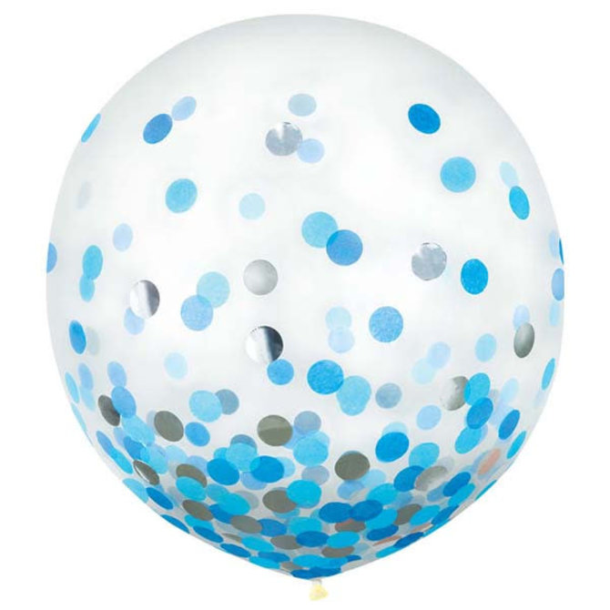 24" Round Latex Balloons w/ Confetti - Blue/Silver - 2ct