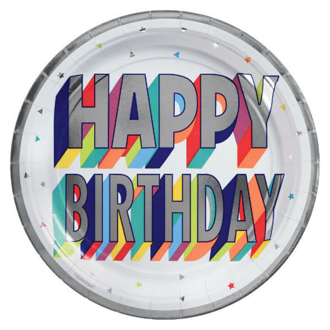 Here's To Your Birthday Metallic Round Plates, 9" -8ct