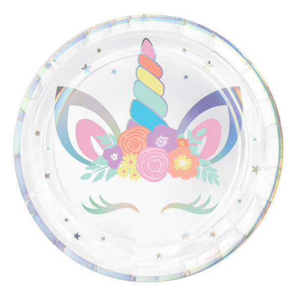 Unicorn Party Round Iridescent Plates, 9" -8ct