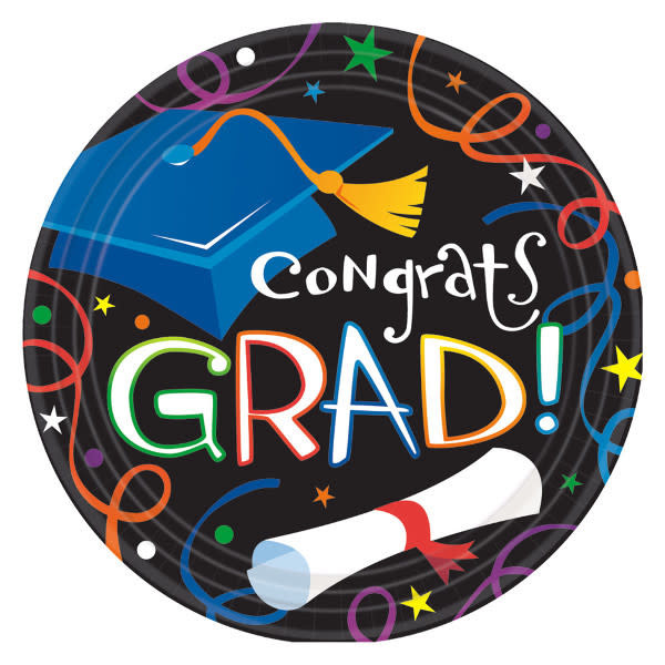 Colorful Grad Celebration Round Plates, 7" -8ct
