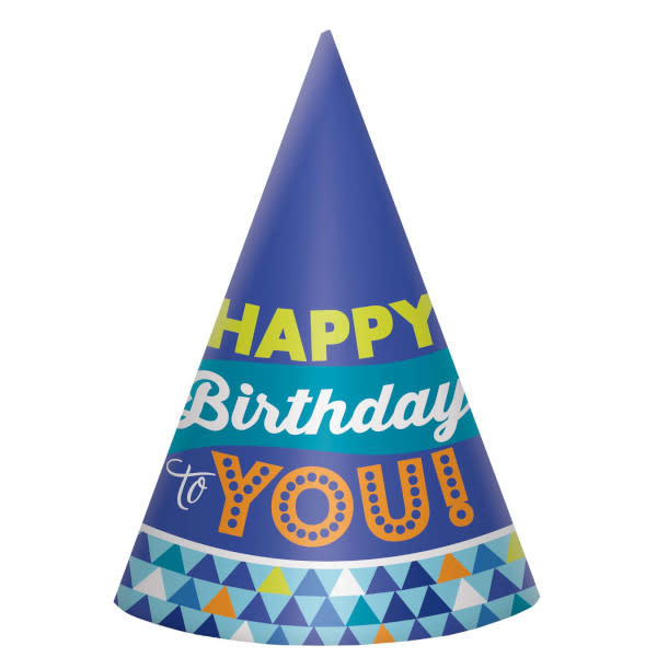 True Blue Birthday Cone Hat, 8ct