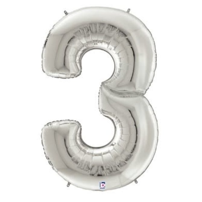 Gigaloon Silver Number 3 Shape Foil Balloon, 64"