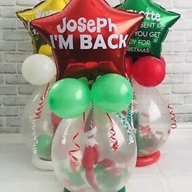 Star Topper Stuffed Elf Balloon with I’m  Back saying