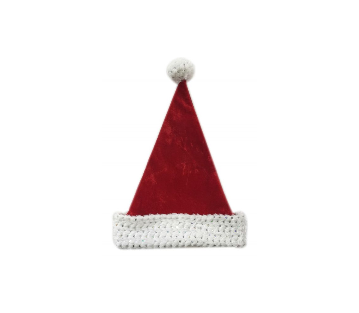 Red Velvet Hat w/Sequin Plush Cuff & Pom -17"