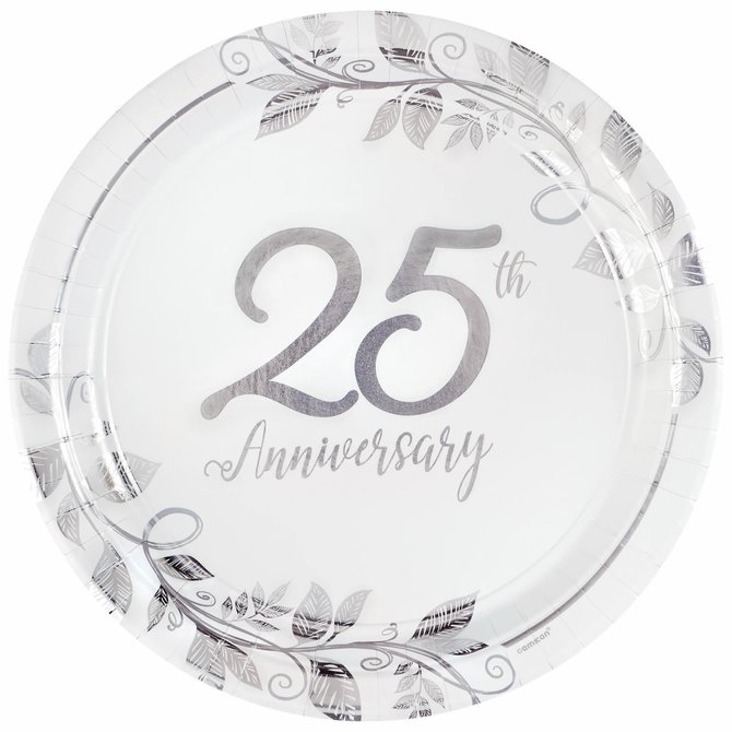 Happy 25th Anniversary 10 1/2" Round Metallic Plates , 8ct