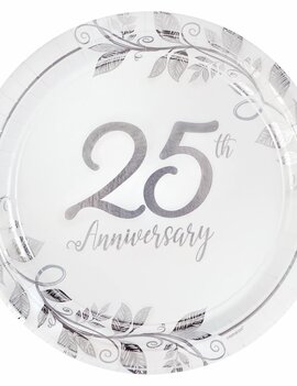 Happy 25th Anniversary 7" Round Metallic Plates, 8ct