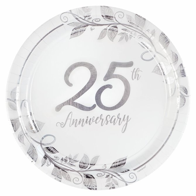 Happy 25th Anniversary 7" Round Metallic Plates, 8ct