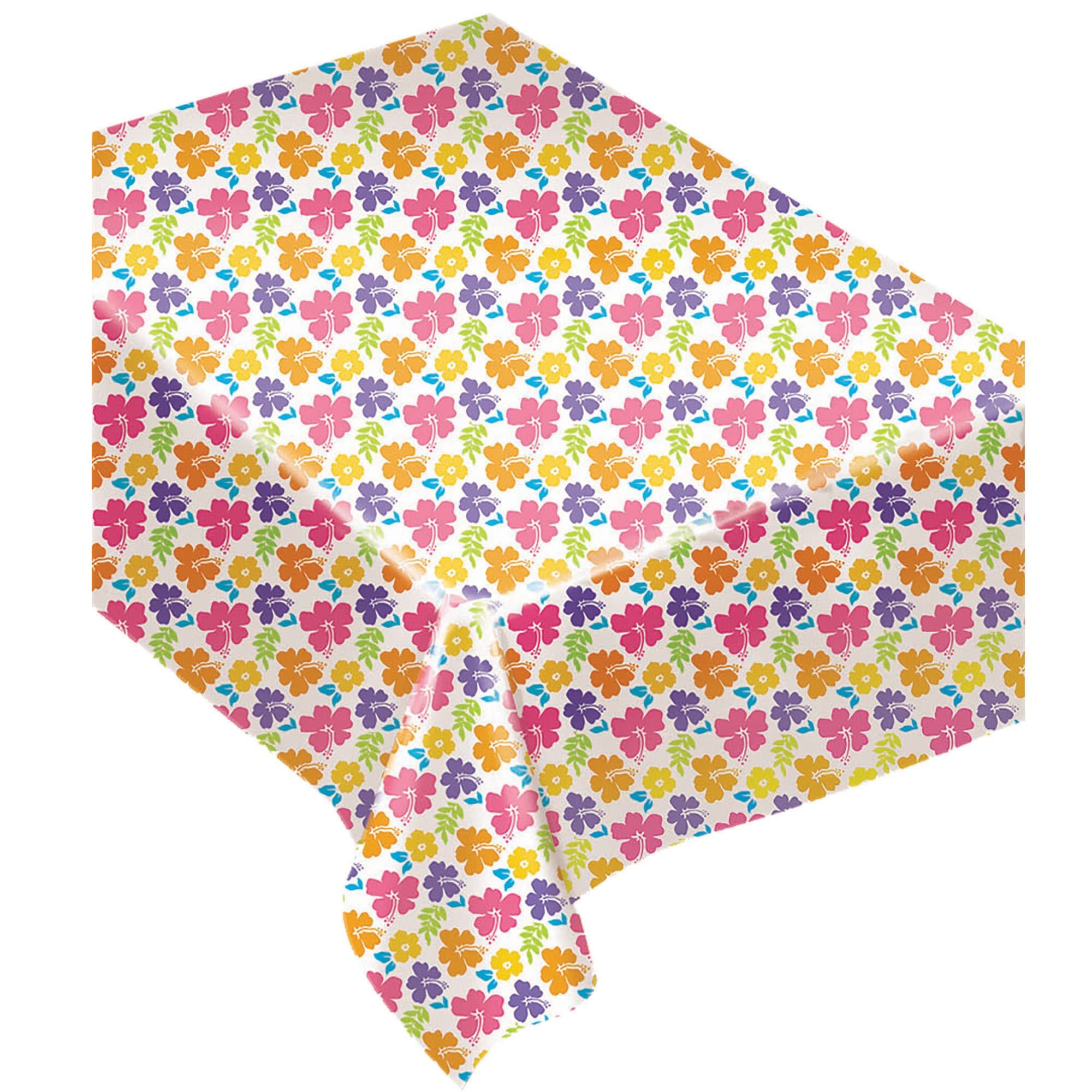 Hibiscus White Plastic Tablecover, 54" x 96"
