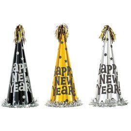 Happy New Year Large Cone Hats Assortment - Black, Silver & Gold