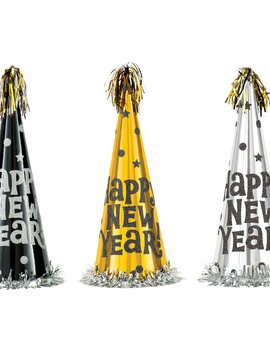 Happy New Year Large Cone Hats Assortment - Black, Silver & Gold