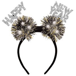 Happy New Year Tinsel Light-Up Pom Pom Headband - Black, Silver, Gold