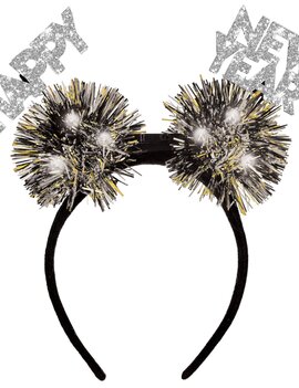 Happy New Year Tinsel Light-Up Pom Pom Headband - Black, Silver, Gold