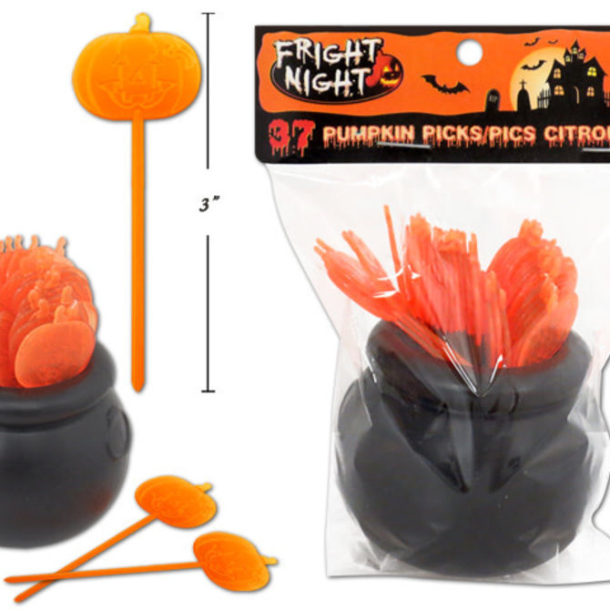 Plastic Pumpkin Picks in Caldron - 37ct