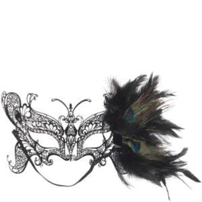 Black Metallic Mask With Feather