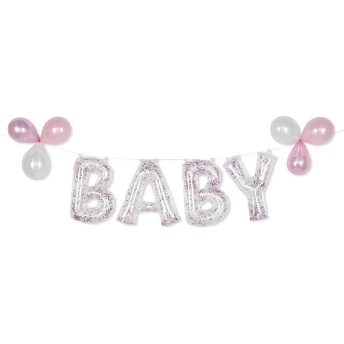 "Baby" Glitter Confetti Air Filled Balloon Banner Kit - Pink