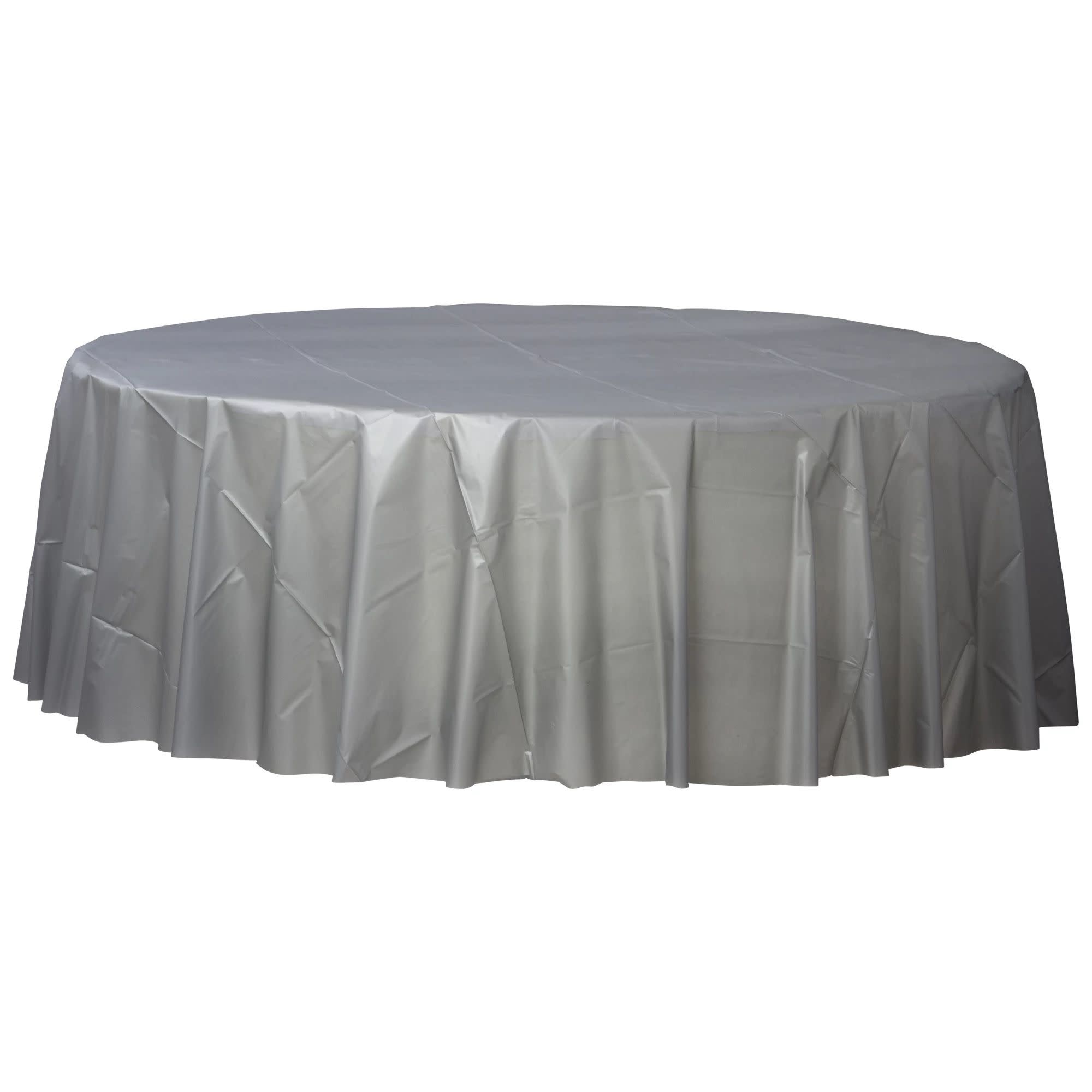 Silver Round Plastic Table Cover, 84"