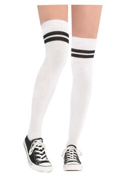 White/Black Striped Athletic Thigh High Socks - Adult