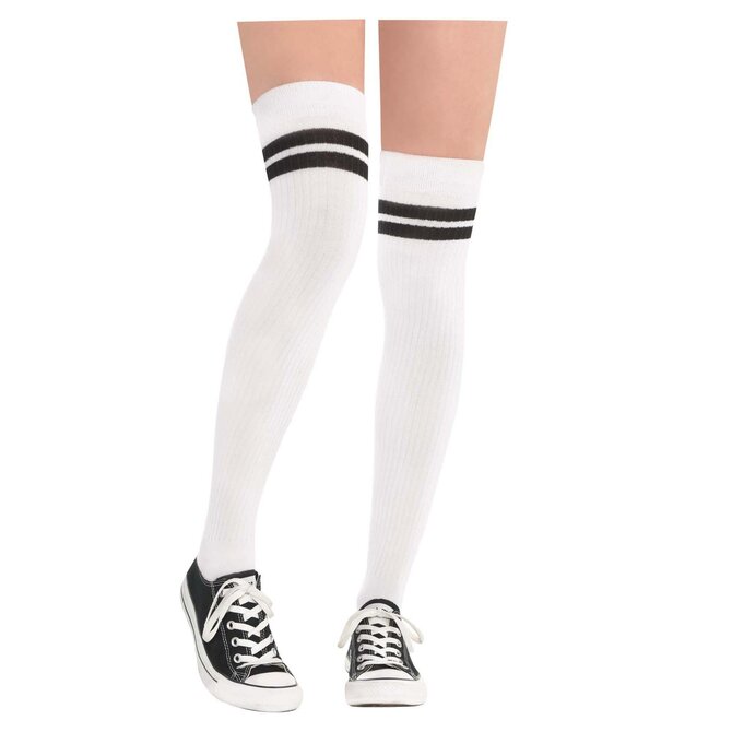 White/Black Striped Athletic Thigh High Socks - Adult