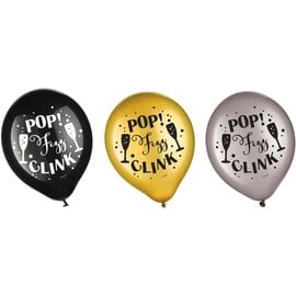 Happy New Year Printed Latex Balloons - Black, Silver, Gold -15ct