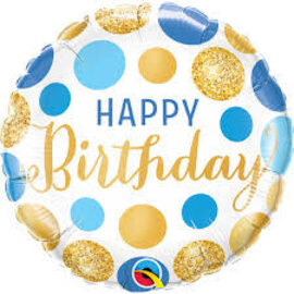 18" Happy Birthday Foil Balloon - Blue & Gold Dots