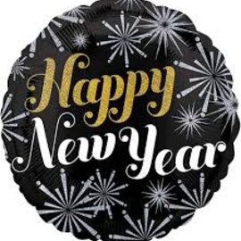 18" Happy New Year Foil Balloon - White Fireworks