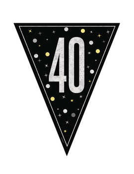 Black Glitz 40th Birthday Pennant Banner, 9ft