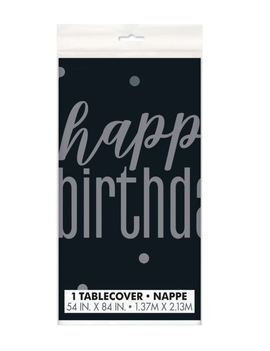 Black Glitz Happy Birthday Table Cover, 54x84