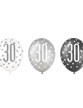 Black Glitz 30th Birthday 12" Latex Balloons, 6ct