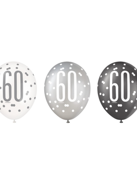 Black Glitz 60th Birthday 12" Latex Balloons, 6ct