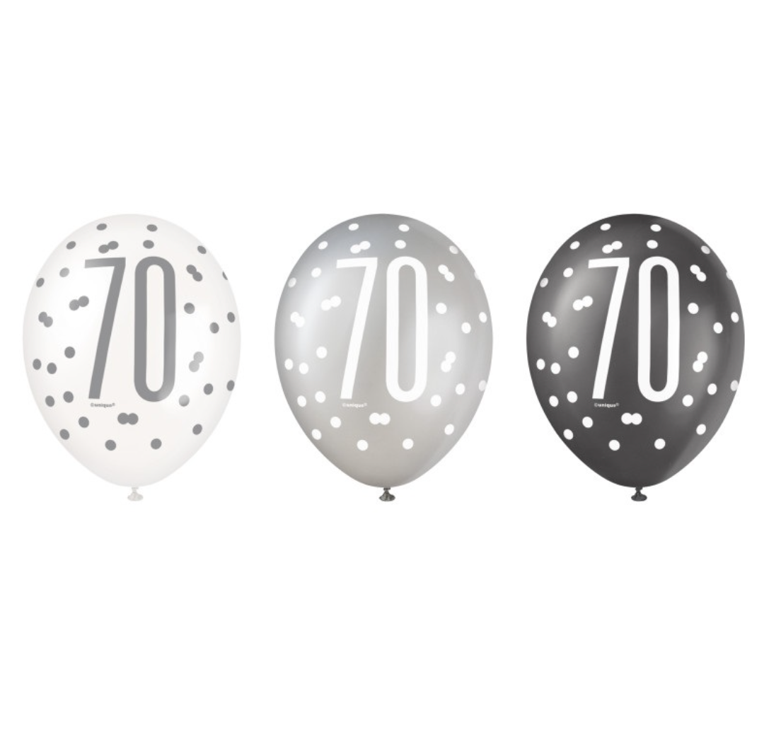 Black Glitz 70th Birthday 12" Latex Balloons, 6ct