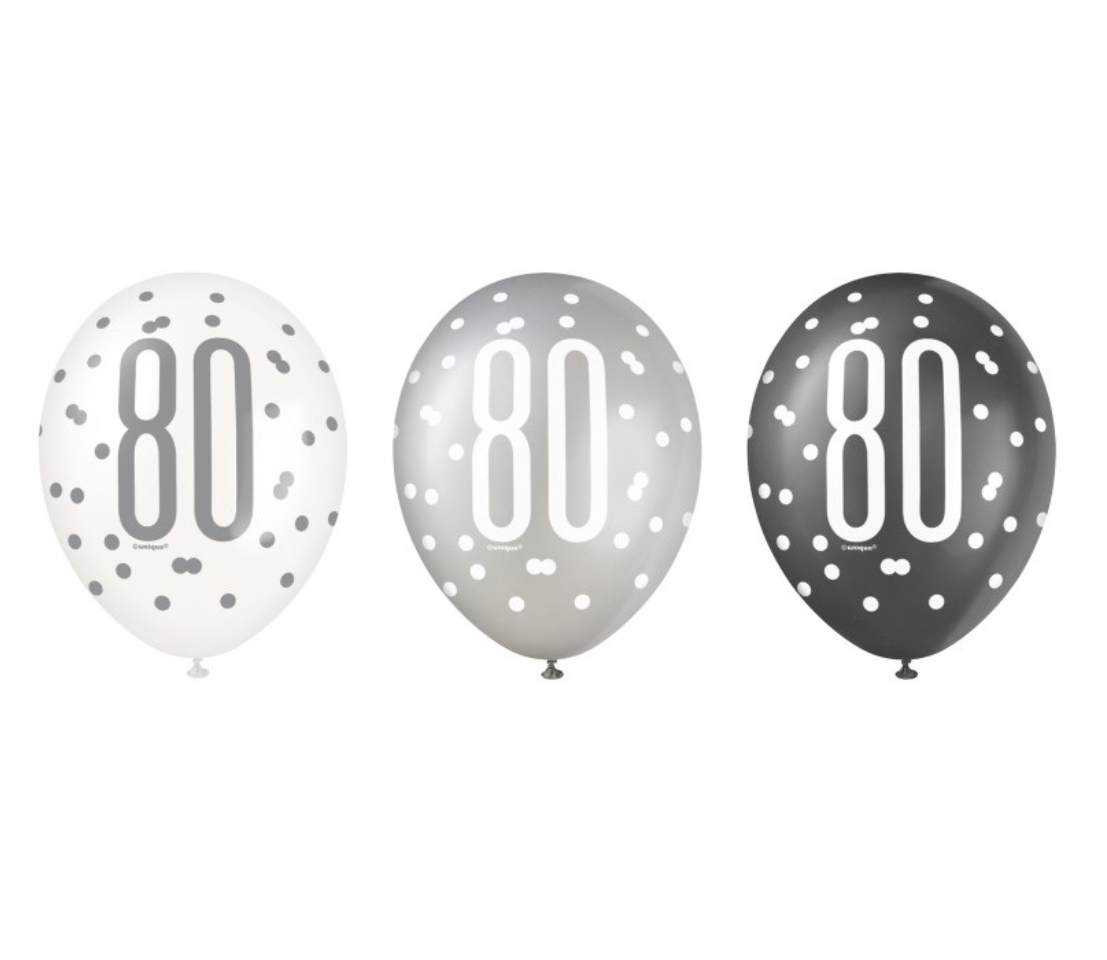 Black Glitz 80th Birthday 12" Latex Balloons, 6ct