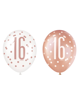 Rose Gold Glitz "16" Birthday 12" Latex Balloons, 6ct