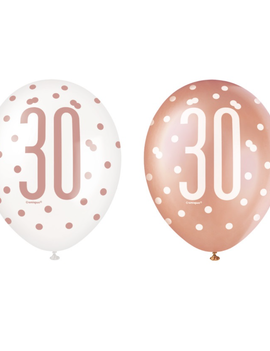 Rose Gold Glitz "30" Birthday 12" Latex Balloons, 6ct