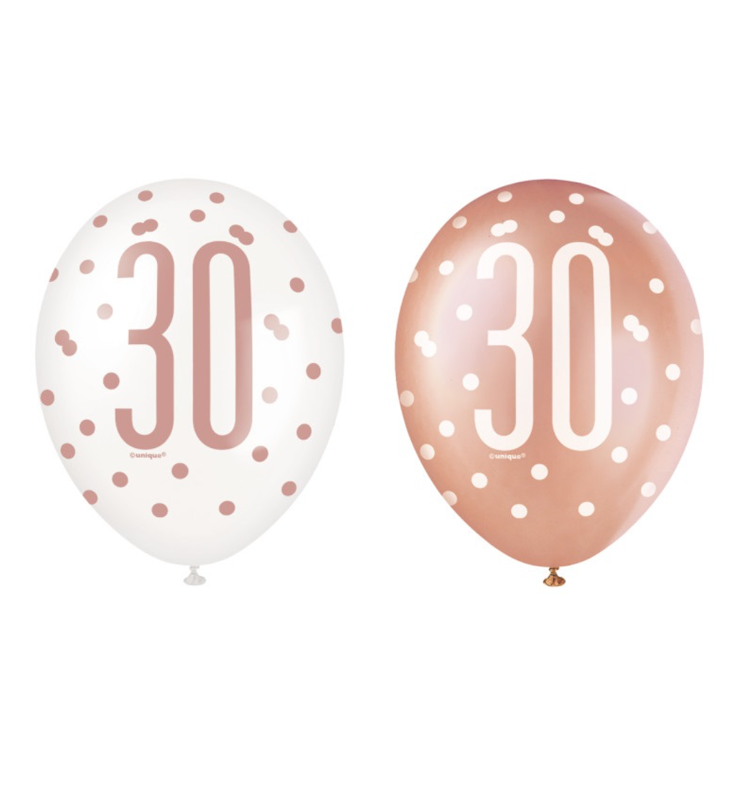Rose Gold Glitz "30" Birthday 12" Latex Balloons, 6ct
