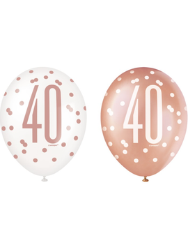 Rose Gold Glitz "40" Birthday 12" Latex Balloons, 6ct