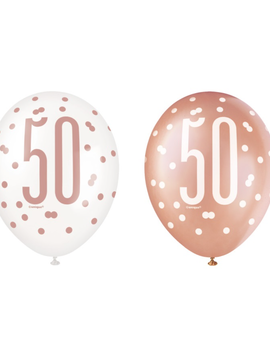 Rose Gold Glitz "50" Birthday 12" Latex Balloons, 6ct
