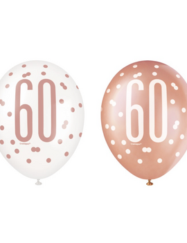 Rose Gold Glitz "60" Birthday 12" Latex Balloons, 6ct