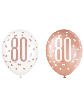 Rose Gold Glitz "80" Birthday 12" Latex Balloons, 6ct