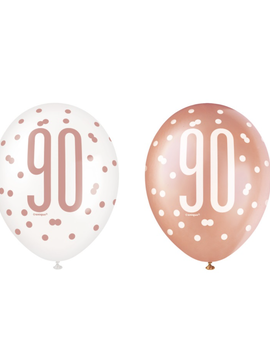 Rose Gold Glitz "90" Birthday 12" Latex Balloons, 6ct