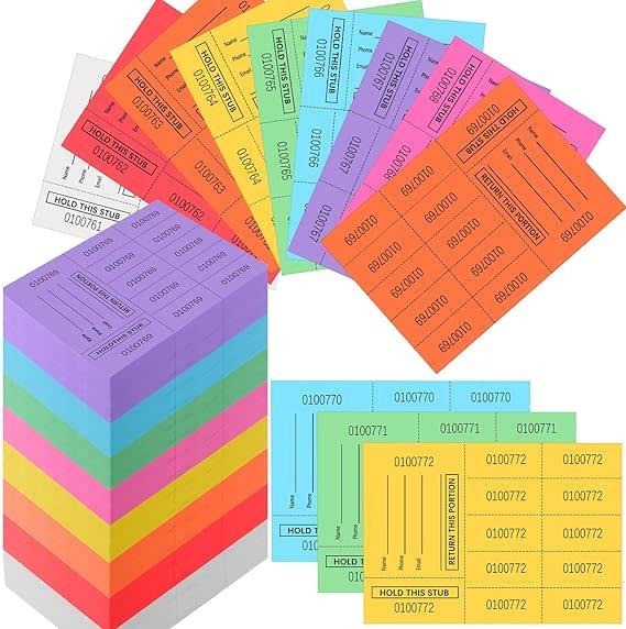 Basket Raffle Tickets 10 Tickets per Sheet - 150 Sheets (color may vary, comes with 150 of one solid color)